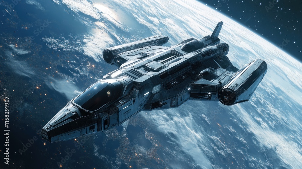 Obraz premium Spaceship orbiting Earth: A futuristic journey into the cosmos