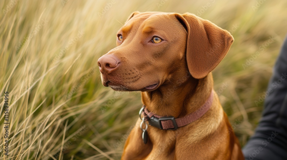 Dog Sitting Obediently in Grassy Field During Walk