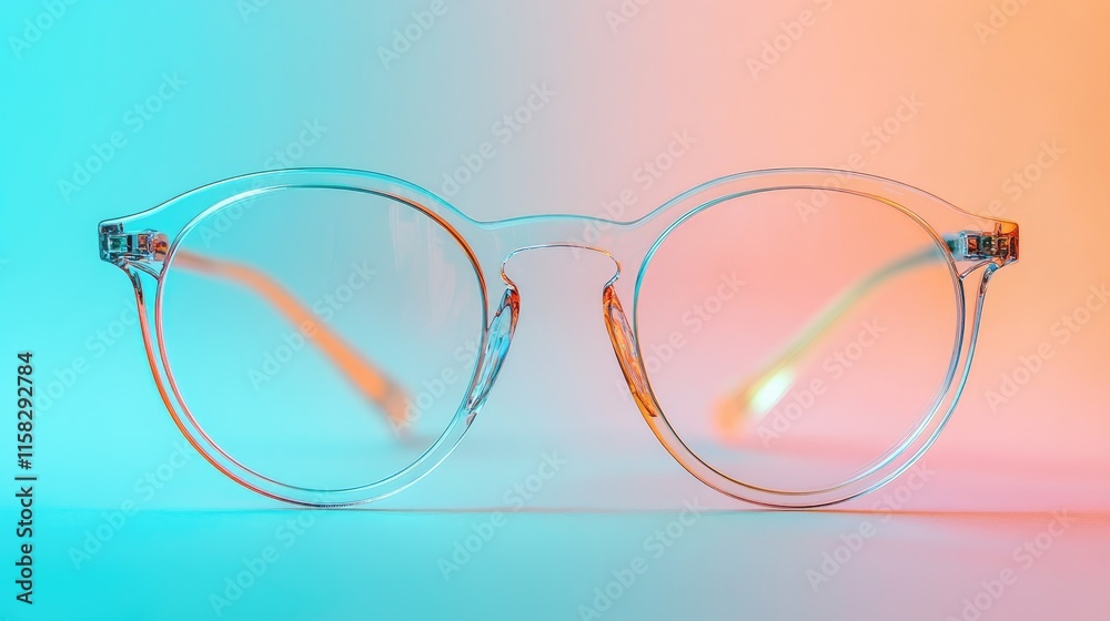 Clear Glasses with Thin Frames on Blue and Orange Background Clear Glasses with Thin Frames on Blue and Orange Background
