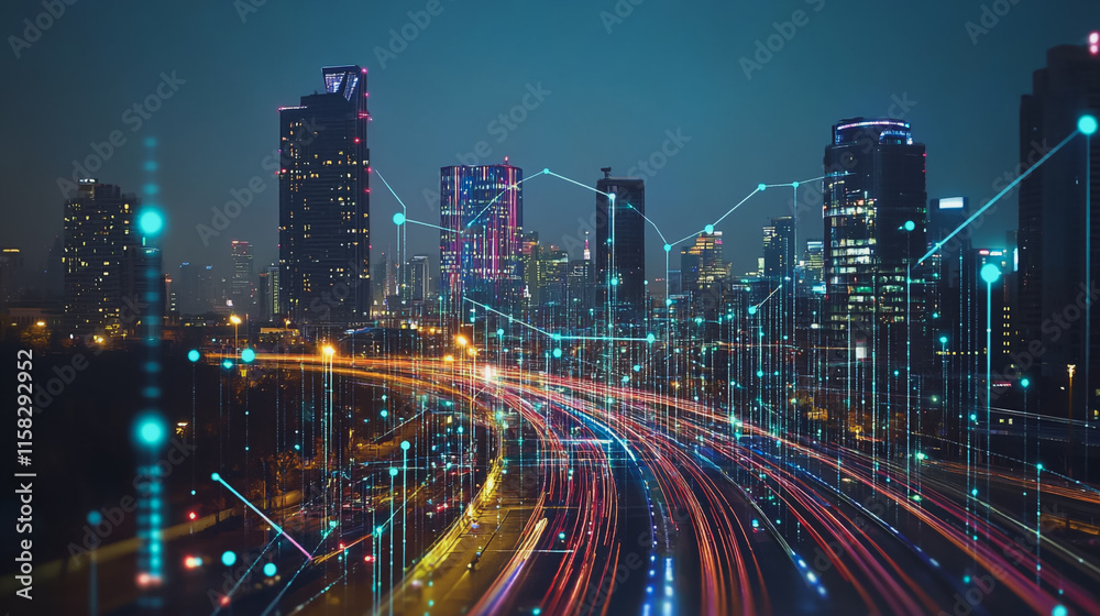 Smart Innovation city with connection cyber security network reciprocity over the night cityscape future wireless digital city and social media networking systems that connects people in the city Smart Innovation city with connection cyber security network reciprocity over the night cityscape future wireless digital city and social media networking systems that connects people in the city