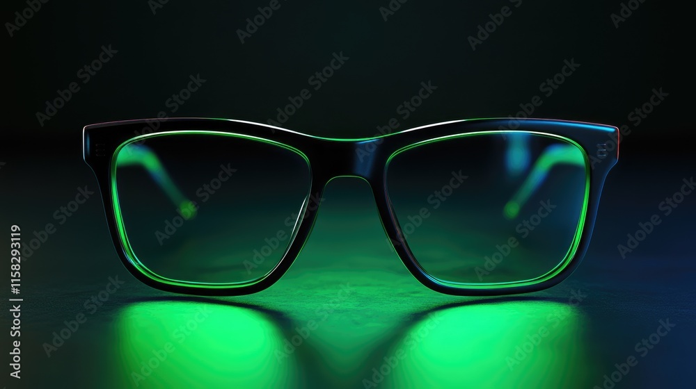 Stylish Eyeglasses with Green Reflective Lenses on Dark Background Stylish Eyeglasses with Green Reflective Lenses on Dark Background