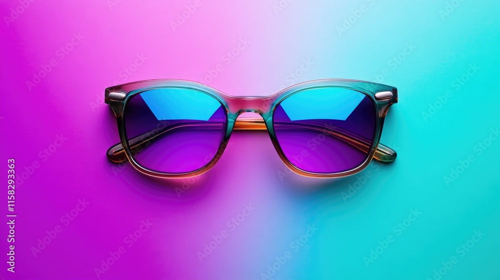 Stylish Sunglasses with Vibrant Purple and Blue Lenses on Background Stylish Sunglasses with Vibrant Purple and Blue Lenses on Background