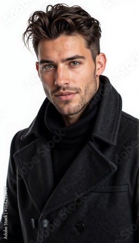 Man in black wool coat with scarf on white background. For luxury menswear and winter fashion.