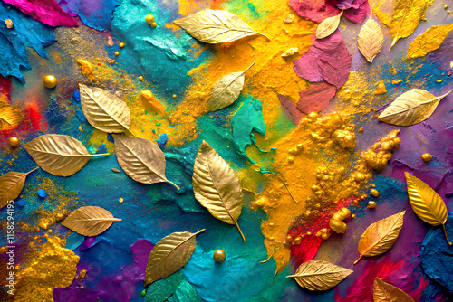 Colorful Holi background with golden leafs and colored powder