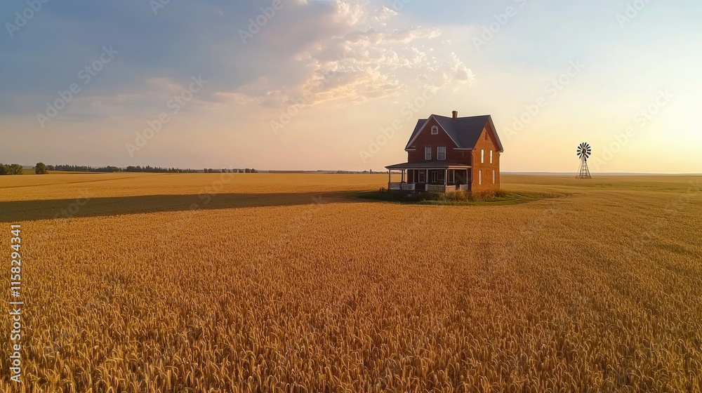 Fototapeta premium Traditional Farmhouse Surrounded by Golden Wheat Field Under a Beautiful Sky