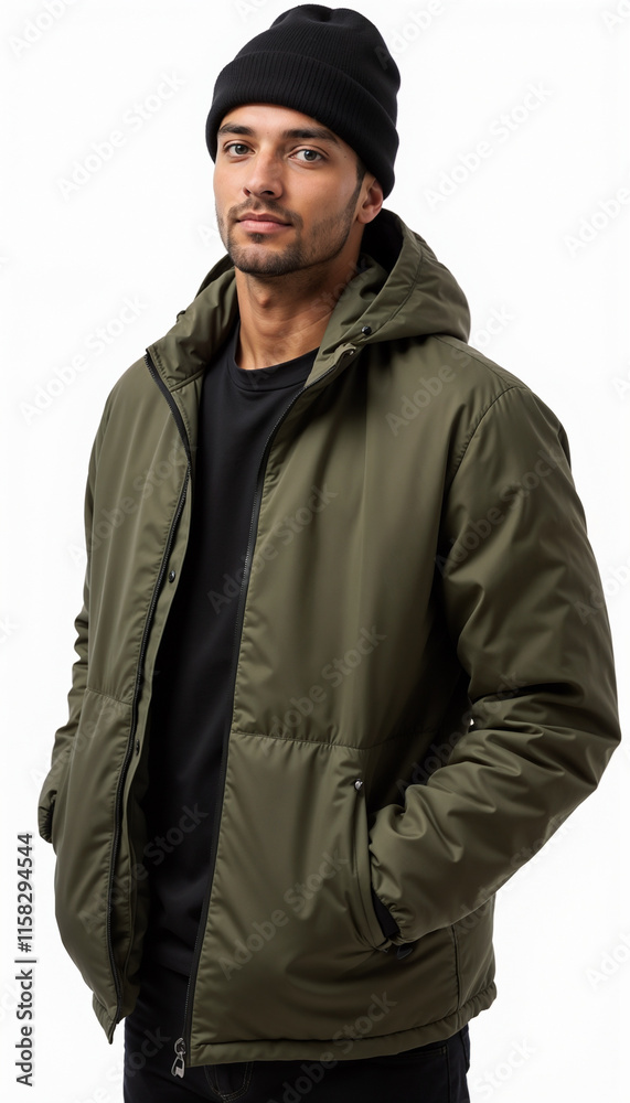 Man in olive puffer jacket with black beanie on white background. For urban outfitters and casual winter wear. Man in olive puffer jacket with black beanie on white background. For urban outfitters and casual winter wear.