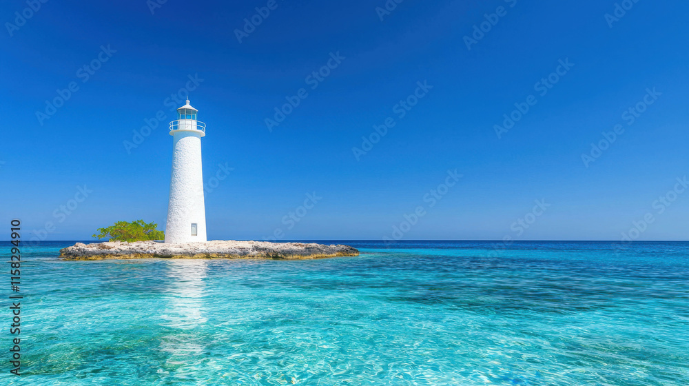 Tranquil Island with Crystal Clear Waters and a Majestic Lighthouse Tranquil Island with Crystal Clear Waters and a Majestic Lighthouse