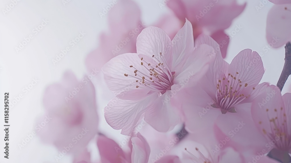 Blooming Cherry Blossoms Branch, Spring Flowers Background In Pastel Pink Tones With Copy Space Blooming Cherry Blossoms Branch, Spring Flowers Background In Pastel Pink Tones With Copy Space