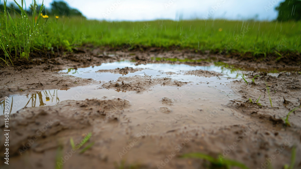 Vast Muddy Field with Large Puddles After Heavy Rain Shower Vast Muddy Field with Large Puddles After Heavy Rain Shower