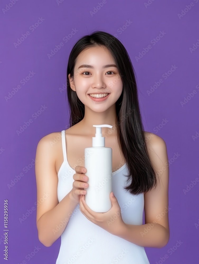 Promoting skincare routine young woman holding lotion bottle studio portrait vibrant purple background Promoting skincare routine young woman holding lotion bottle studio portrait vibrant purple background