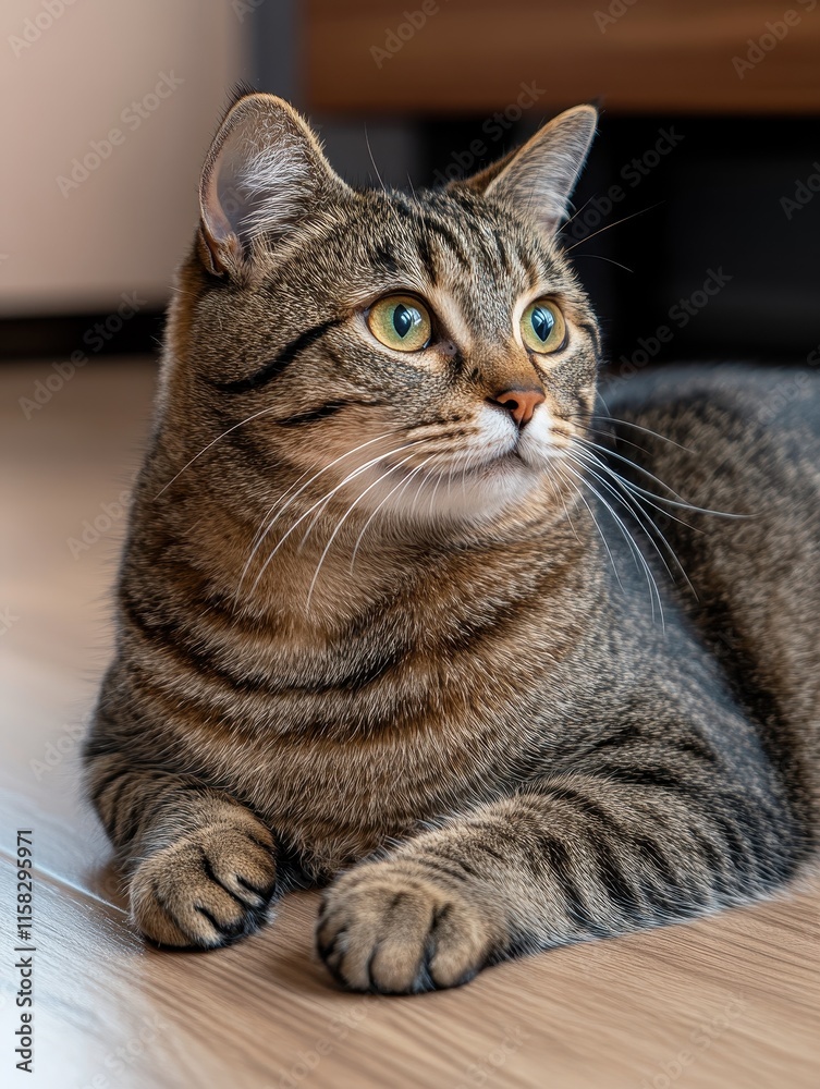Playful tabby cat relaxing indoors cozy home environment close-up photography captivating perspective