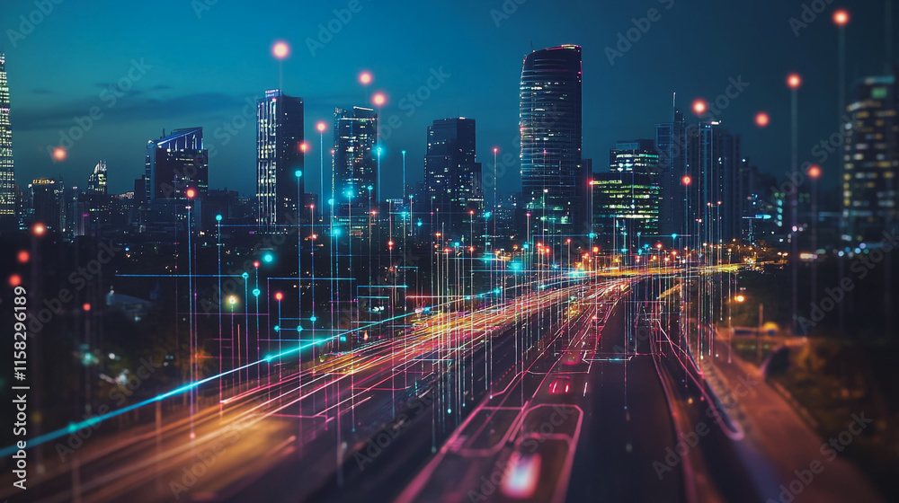 Obraz premium Smart Innovation city with connection cyber security network reciprocity over the night cityscape future wireless digital city and social media networking systems that connects people in the city