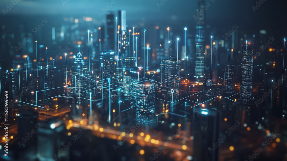 Smart Innovation city with connection cyber security network reciprocity over the night cityscape future wireless digital city and social media networking systems that connects people in the city Smart Innovation city with connection cyber security network reciprocity over the night cityscape future wireless digital city and social media networking systems that connects people in the city