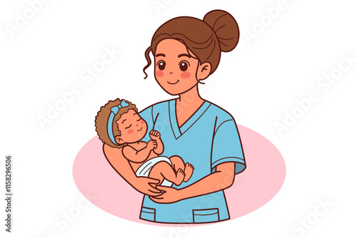 A smiling midwifery holds a newborn baby in her arms.
