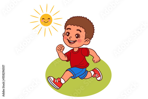 The boy is running outdoors. Vector illustration in cartoon style.