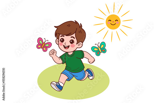 The boy is running outdoors. Vector illustration in cartoon style.