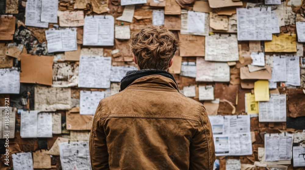 Person standing in front of a job listings board, scanning opportunities with a focused expression. The scene conveys the pursuit of career advancement and the search for meaningful employment. Person standing in front of a job listings board, scanning opportunities with a focused expression. The scene conveys the pursuit of career advancement and the search for meaningful employment.