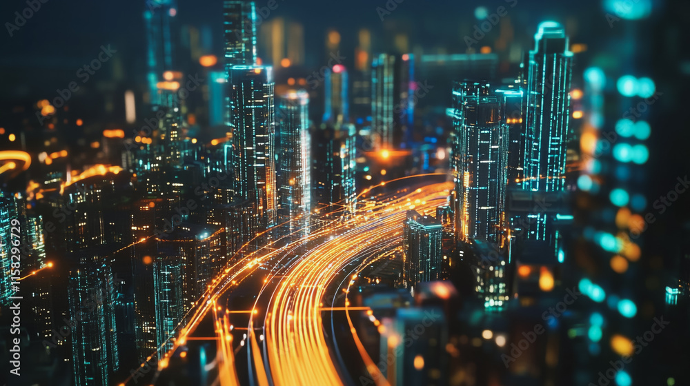 Smart Innovation city with connection cyber security network reciprocity over the night cityscape future wireless digital city and social media networking systems that connects people in the city Smart Innovation city with connection cyber security network reciprocity over the night cityscape future wireless digital city and social media networking systems that connects people in the city