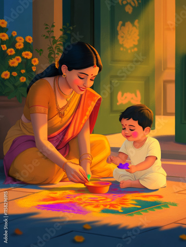 A bright, casual, animated visual in an Indian-inspired art style, depicting a mother and her 10-month-old baby creating a rangoli outside their home in preparation for Diwali. The mother, dressed in 