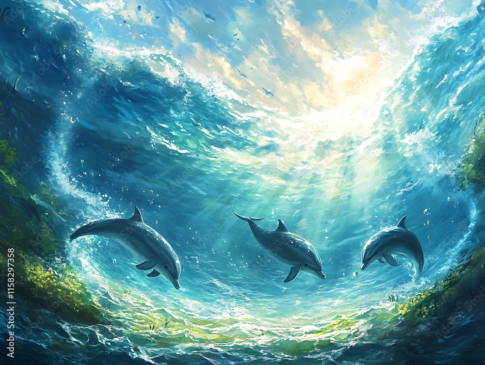 Fototapeta premium A dynamic underwater composition of dolphins playing near the surface, illuminated by sunlight streaming through the waves