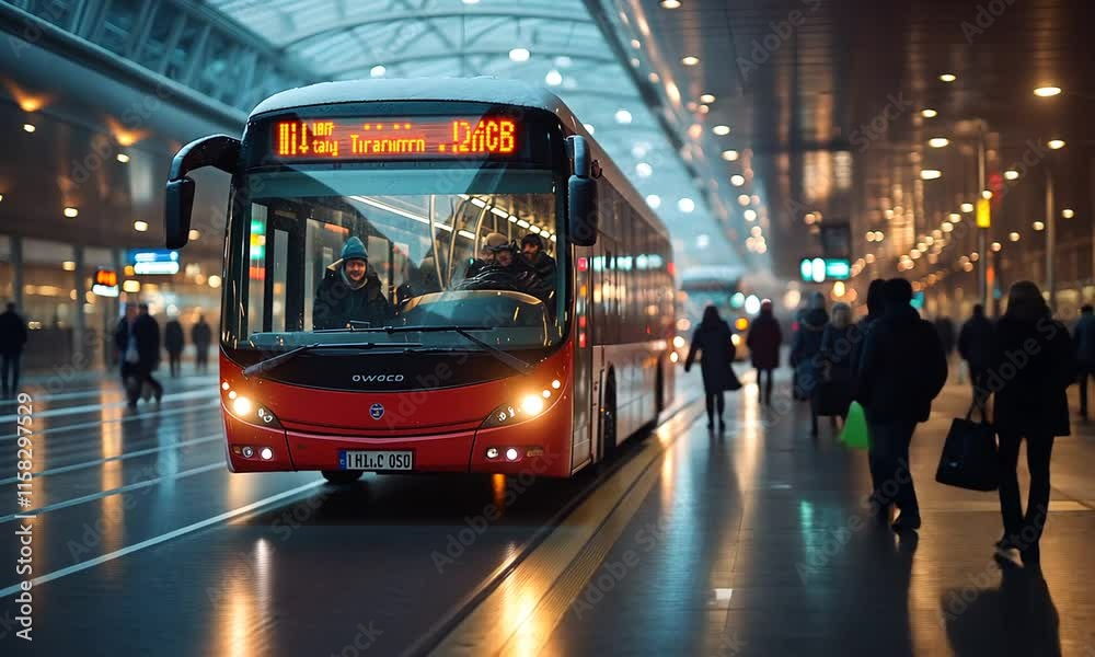 A red bus navigating through a snowy urban environment, with passengers visible inside.