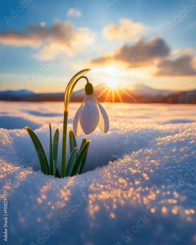 First Sign of Spring A Solitary Snowdrop Blooms in the Melting Snow as the Sun Sets over a Mountain