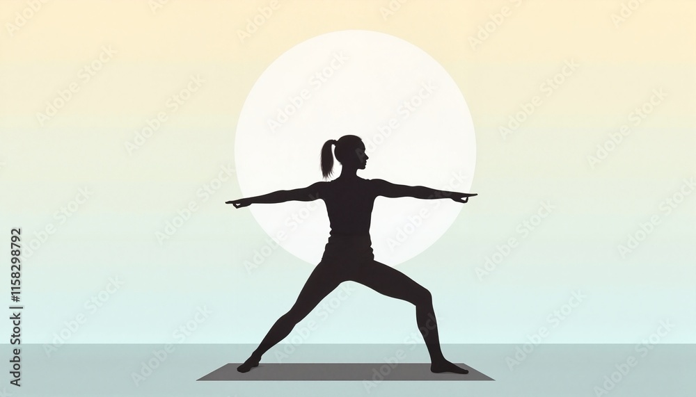 Fototapeta premium Slender woman practicing yoga on sunrise or sunset sky background in silhouette