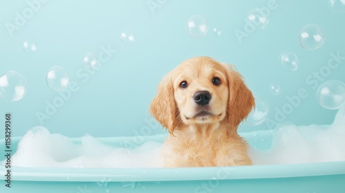 Puppy Bathtime Bubbles:  A golden retriever puppy sits in a blue bathtub, covered in sudsy bubbles,  looking adorable and playful as he enjoys his bath.