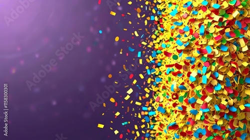 A dynamic explosion of colorful confetti creates a lively visual on a purple backdrop, conveying celebration and energy, ideal for party invitations or festive themes. photo