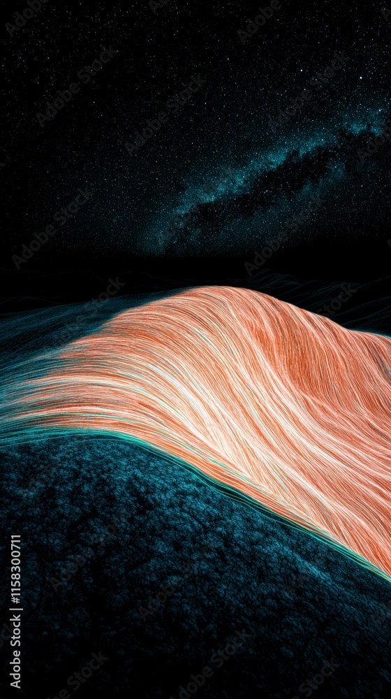 Naklejka premium Abstract Night Sky Landscape Orange Lines Milky Way Dark Hills