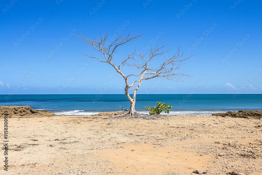 A solitary, leafless tree stands on a sandy beach by the ocean. A solitary, leafless tree stands on a sandy beach by the ocean.