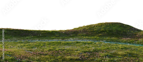 Scenic meadow stream with wildflowers. 3D rendering.