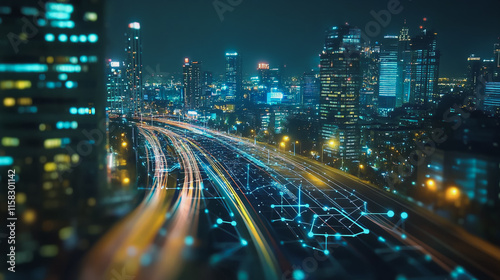 Smart Innovation city with connection cyber security network reciprocity over the night cityscape future wireless digital city and social media networking systems that connects people in the city
