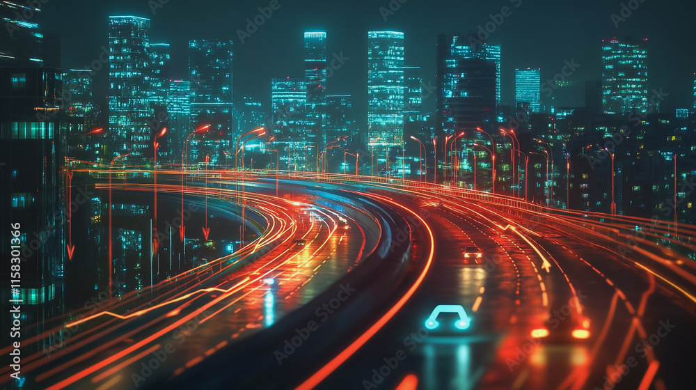 Obraz premium Smart Innovation city with connection cyber security network reciprocity over the night cityscape future wireless digital city and social media networking systems that connects people in the city