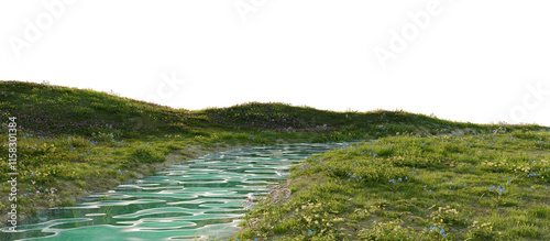 Scenic meadow stream with wildflowers. 3D rendering.