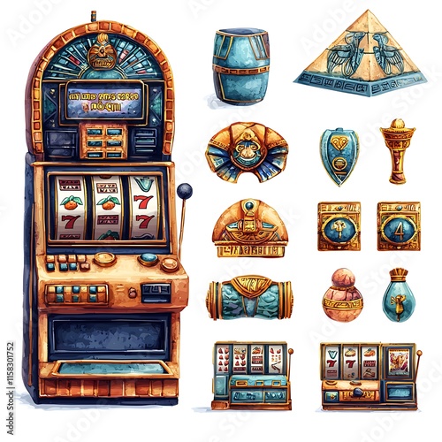 Ancient Egyptian Themed Slot Machine and Icon Set  A collection of watercolor-style illustrations depicting a vintage slot machine and various Egyptian artifacts.