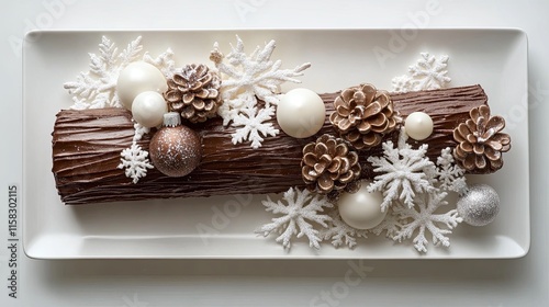 A chocolate Yule log cake rests on a white plate, intricately decorated with Christmas ornaments, delicate snowflakes, and a dusting of icing. This festive dessert brings joy to family gatherings duri photo