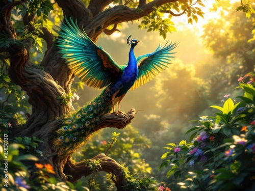 Majestic Peacock Spreading Wings in a Lush Forest