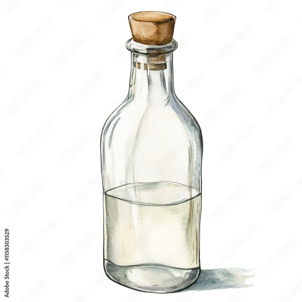 Elegant Pastel Illustration of a Glass Bottle with Cork Stopper and Clear Liquid Elegant Pastel Illustration of a Glass Bottle with Cork Stopper and Clear Liquid