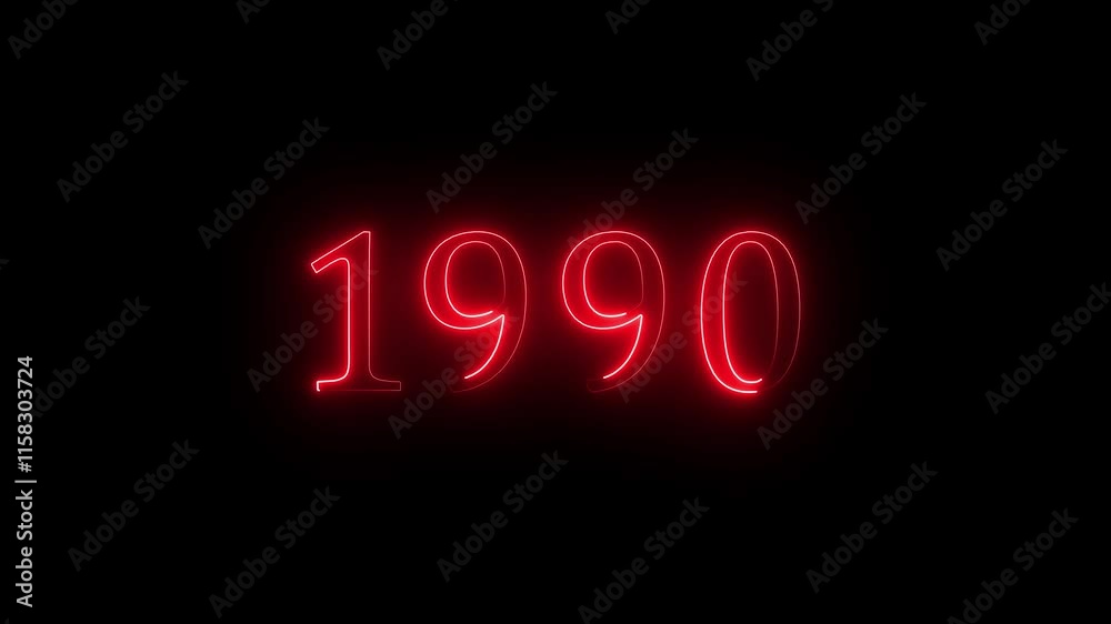 1990 neon line text. Abstract 1990 neon text animation, Glowing neon number text background 4k video animation .neon video 