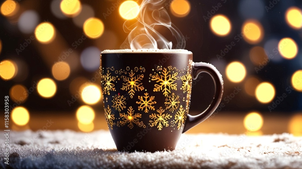 Obraz premium A steaming cup of coffee adorned with snowflakes is set against a backdrop of glowing bokeh lights. The inviting atmosphere enhances the cozy feeling of winter warmth.