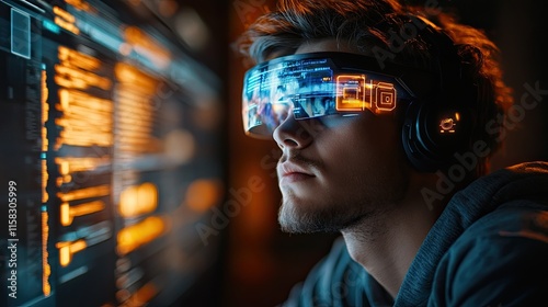 Programmer coding within an immersive digital environment featuring cybersecurity holograms, analytics displays, and Internet of Things (IoT) elements.