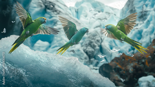 Austral parakeets perito moreno glacier patagonia argentina wildlife photography documentary style. Lustral. Illustration photo