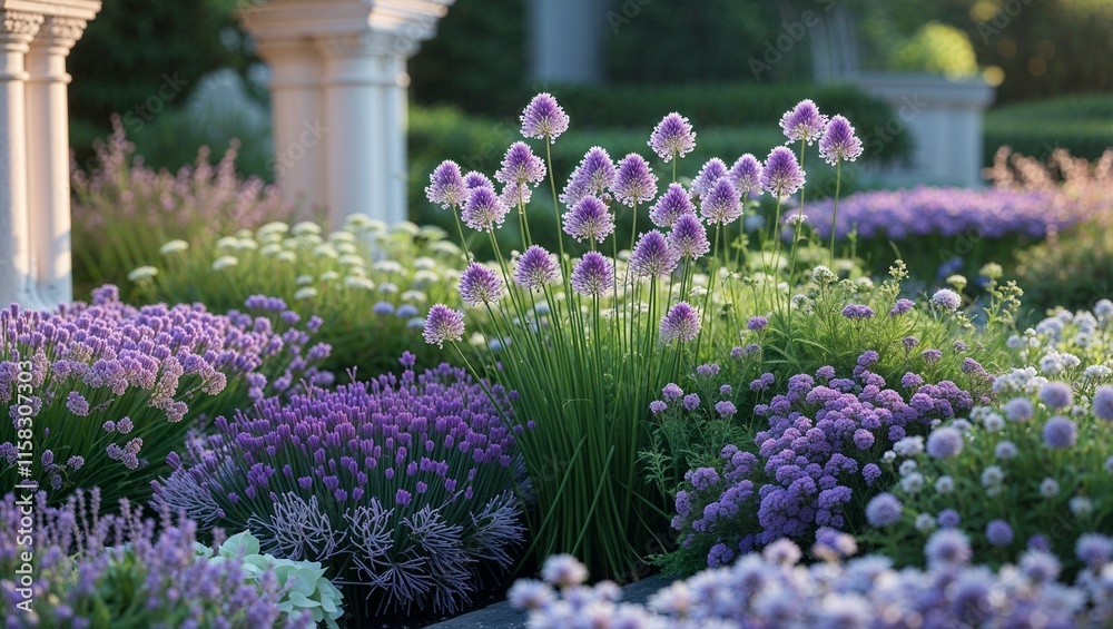 Obraz premium A picturesque lavender garden in full bloom, featuring rows of vibrant purple flowers under soft sunlight. Perfect for nature, relaxation, and wellness themes.