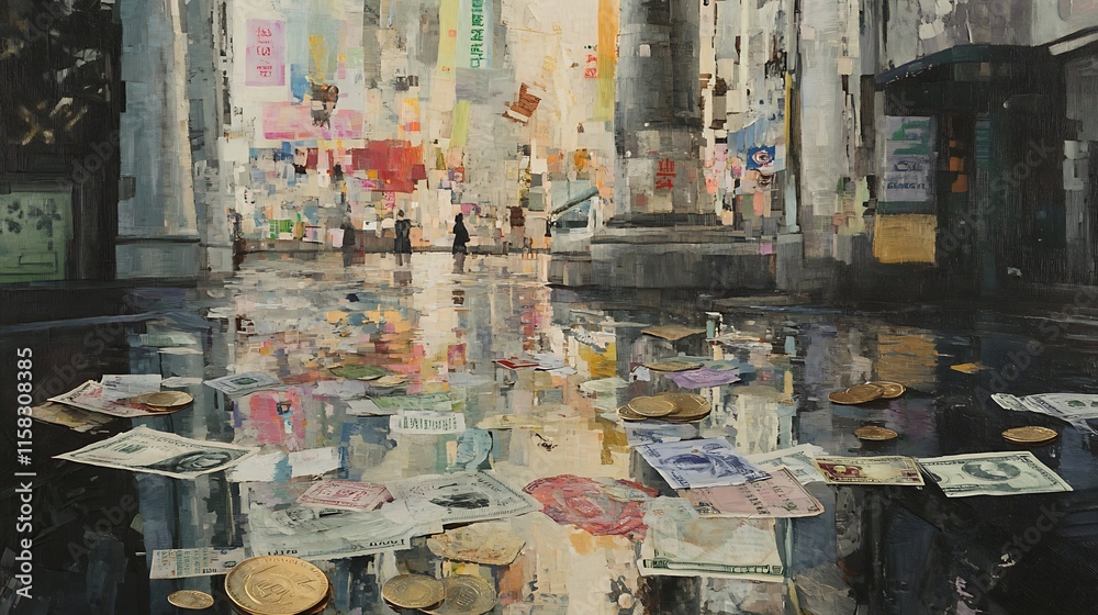 Fototapeta premium City street scene with money scattered in reflection.