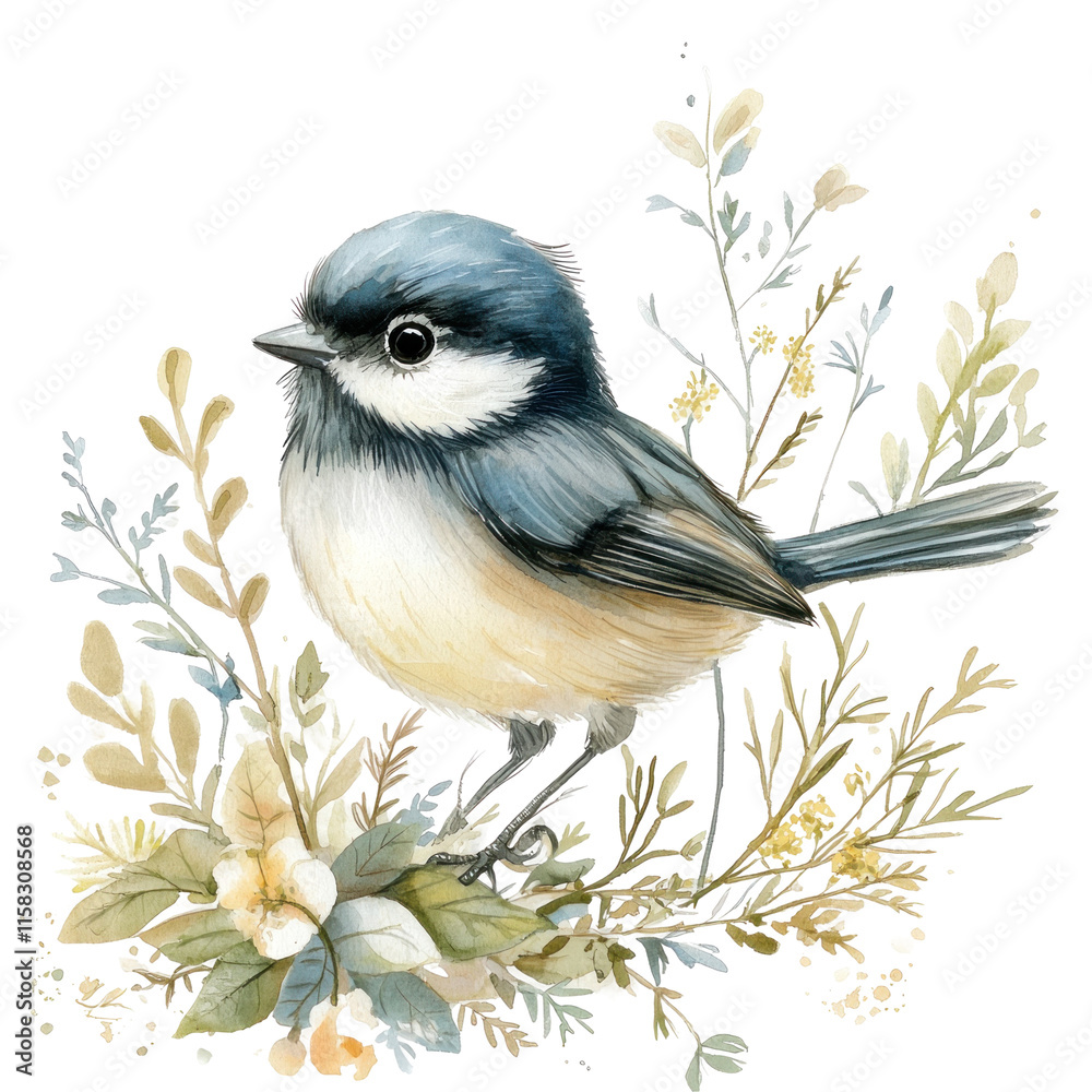 Obraz premium Beautiful Illustration of a Chickadee Surrounded by Delicate Floral Elements in Pastel Colors