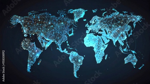A futuristic map displays a connected network of glowing nodes outlining the continents, symbolizing the digital age and global connectivity in a striking blue design.
