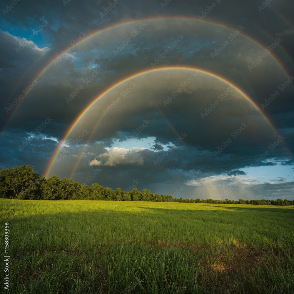A rainbow over a field of green grass. A rainbow over a field of green grass.