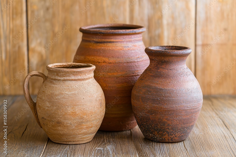 Rustic clay pottery displayed on a wooden table, featuring earthy tones and unique textures, ideal for art lovers and home decor inspirations.