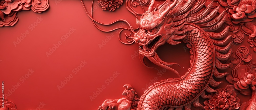 Chinese New Year Theme, A red dragon is on a red background Chinese New Year Theme, A red dragon is on a red background